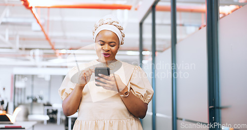 Image of Smartphone, wow and business black woman in office with feedback, news or results on sales, profit or bonus for company. Surprise, update and corporate worker using phone or cellphone on social media