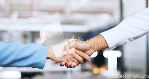 Image of Corporate, partnership and b2b handshake of business people for professional agreement together. Cooperation, welcome or thank you of interracial women employees shaking hands in workplace.