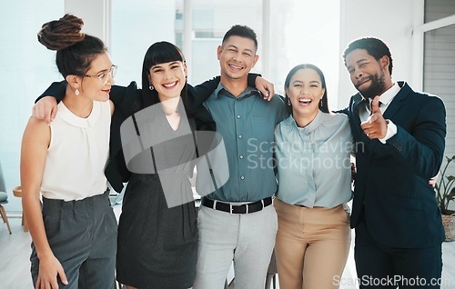 Image of Portrait, teamwork and diversity of collaboration, motivation and support in office. Happy group of employees smile for success, business goals and happiness of corporate mission, growth and trust