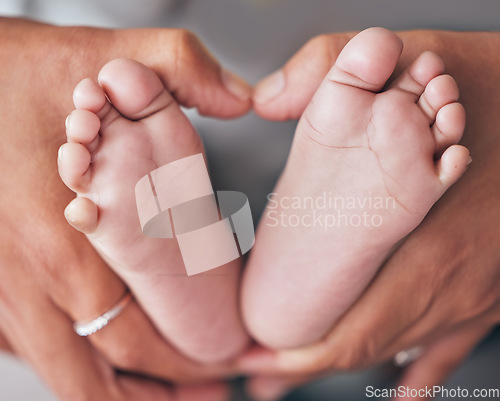 Image of Baby, feet and hands of mother closeup with newborn for love, care or family bond in their home. Zoom, mom and foot of infant for motherhood, protection or child development, maternity and caring