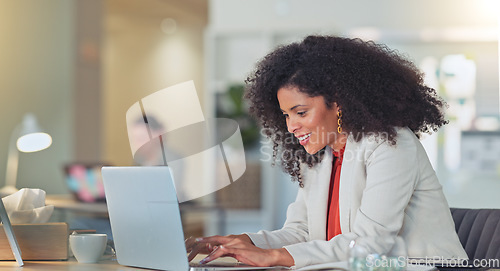 Image of Real estate agent typing on laptop, thinking of creative property marketing advertisement to post on social media to sell a new house. Confident, ambitious realtor with afro negotiating deal on email