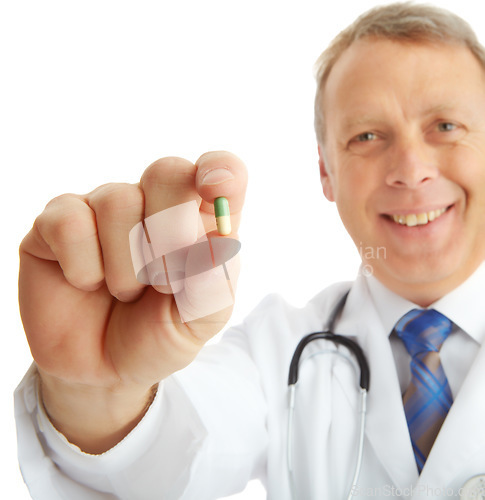 Image of Portrait, doctor and man with pills in studio isolated on a white background. Face, healthcare and happy medical worker, pharmacist and mature male holding drug medicine, medication or capsule remedy