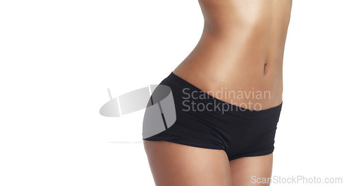 Image of Health mockup, diet or stomach of woman after weight loss, body transformation or liposuction. Wellness mock up, exercise training results or fitness model abdomen isolated on white background studio