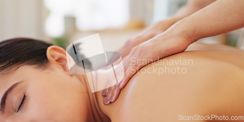 Image of Relax, spa and massage with hands of woman for skincare, beauty and wellness on back. Health, luxury and peace with nude girl patient in salon for body physiotherapy, zen and alternative medicine