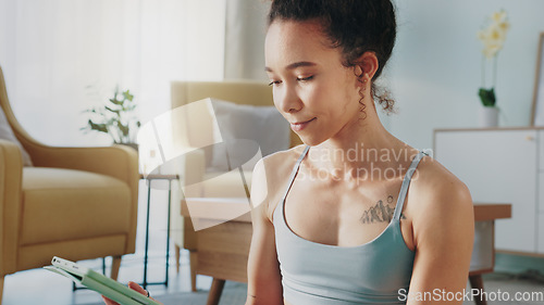 Image of Meditation, pilates and home yoga for black woman working on spiritual chakra peace, freedom of the mind and zen mindset. Body health, wellness lifestyle and relax girl training on living room floor