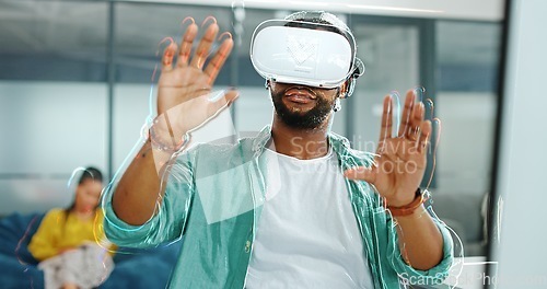 Image of Virtual reality metaverse, augmented reality vr and black man work on cyber dashboard, digital transformation or ai software. Futuristic, headset and creative graphic designer with future simulation