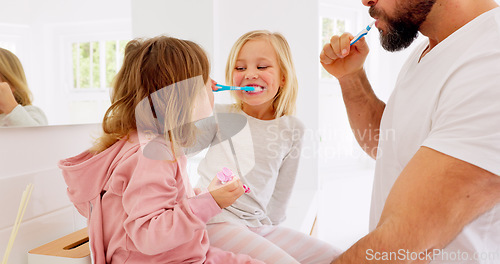 Image of Father, kids and brushing teeth dental healthcare, cleaning and bathroom hygiene in family home. Happy dad teaching young girl children oral wellness with toothpaste, toothbrush and healthy lifestyle