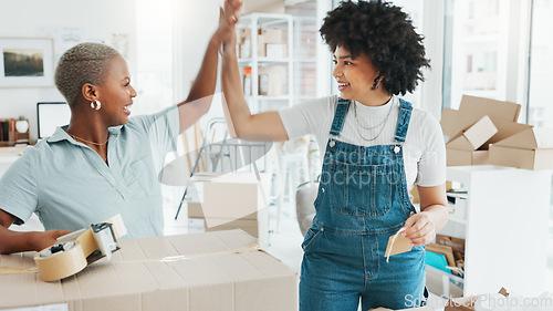 Image of High five, wow and motivation with business women celebration, success or target in office at work together. Teamwork, collaboration and goal with a female employee and her corporate partner working