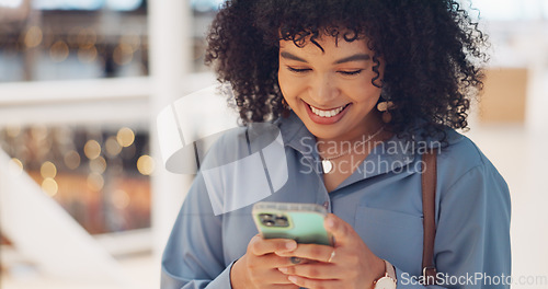 Image of Phone, typing and black woman in shopping mall on social media, texting and internet browsing. Technology, cellphone and happy female with mobile smartphone laughing at comic joke, meme or comedy.