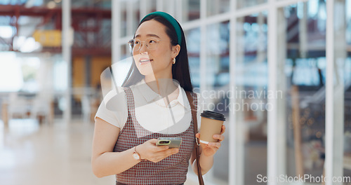 Image of Phone, mall and Asian woman typing, social media or messaging. Technology, coffee and happy female with mobile smartphone for networking, internet browsing or web scrolling alone at shopping mall.