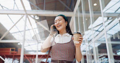 Image of Morning, phone call and coffee of business woman from Japan with communication at a office. Mobile, talking and happy conversation of a Asian person with a smile and happiness ready for work