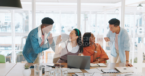 Image of Celebration, laptop and business people high five, applause and celebrate goals, targets or achievement. Teamwork, winner and group collaboration of employees on pc clapping and celebrating success.