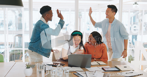 Image of Celebration, laptop and business people high five, applause and celebrate goals, targets or achievement. Teamwork, winner and group collaboration of employees on pc clapping and celebrating success.