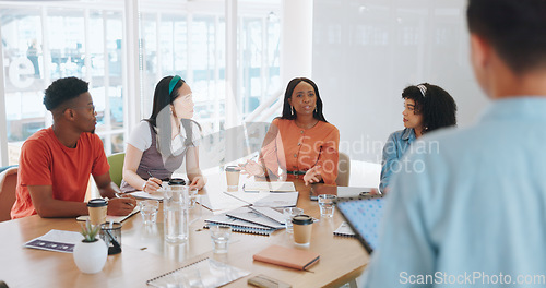 Image of Applause, audience and business people in a meeting or presentation for finance growth, profit and goal achievement in a creative office. Men and women happy and excited to celebrate news or speech