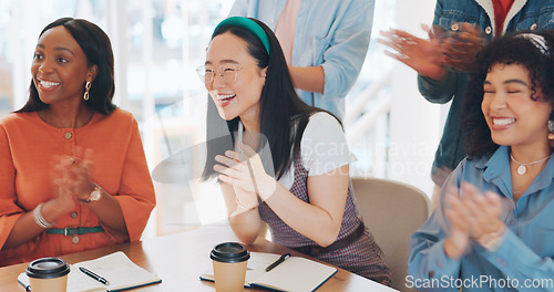 Image of Success, applause or people in a meeting or presentation celebrate team goals, target or kpi sales performance. Community, diversity or happy crowd of employees clapping to support business growth