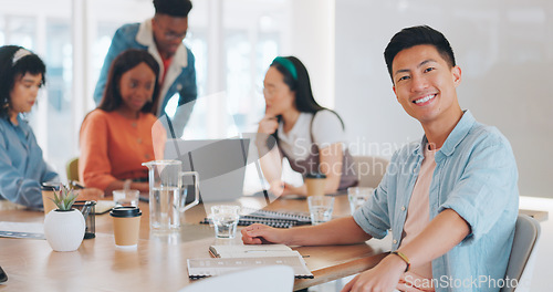 Image of Face, leadership and Asian man in meeting at office with documents for sales, advertising or marketing. Boss, ceo and happy male entrepreneur with vision, mission or goals, targets or success mindset