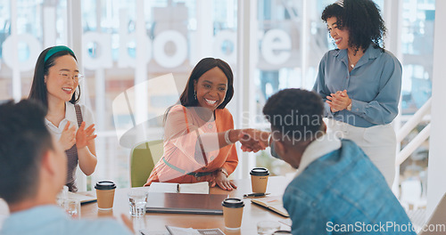 Image of Welcome, handshake and applause with business people in meeting for onboarding, partnership and success. Deal, congratulations and achievement with employee in boardroom for planning, target and sale