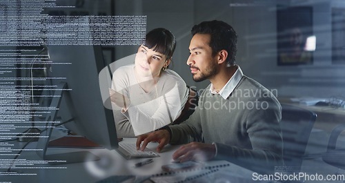 Image of Business people, code with collaboration and information technology, computer for coding, partnership and overlay. Software development, team meeting and man with woman in office, focus and typing