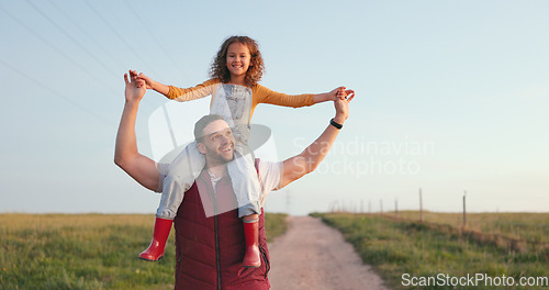 Image of Happy family, father and child walking on a farm on a relaxed, calm and peaceful holiday vacation outdoors. Smile, happiness and young girl enjoys bonding and love having fun with dad in nature field