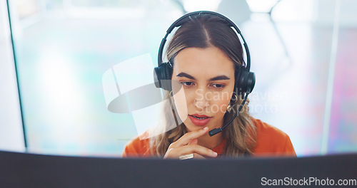 Image of Customer support communication, face and consultant talking on telecom microphone or contact us call center. CRM computer software, ecommerce and telemarketing woman consulting on customer service