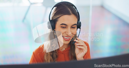 Image of Customer support communication, face and consultant talking on telecom microphone or contact us call center. CRM computer software, ecommerce and telemarketing woman consulting on customer service