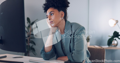 Image of Business, computer and woman tired, burnout and headache with work, schedule and planning in office. Female, ceo and entrepreneur overworked, stress and depression with pain, mental health and online