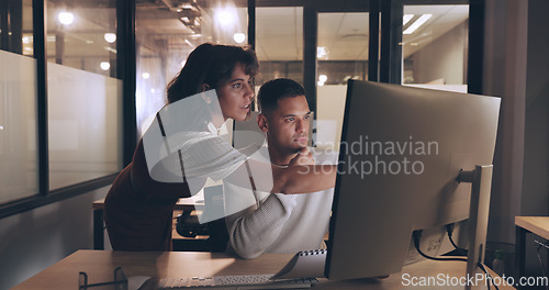 Image of SEO, manager or digital marketing training, coaching or leadership by woman talking to an employee at office desk. Computer, mentorship or team leader helping worker with research strategy or advice