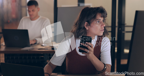 Image of Business, woman and tired with smartphone, night or reading online in workplace, stress or burnout. Female employee, consultant or administrator working late, mental health or depression for schedule