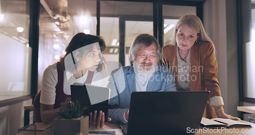 Image of Laptop, tablet and business people teamwork on night project, digital finance portfolio or feedback review of stock market research. Financial economy, investment collaboration and trader trading nft