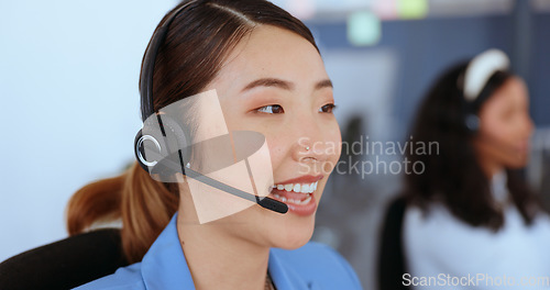 Image of Call center, telemarketing and face of a woman consulting, giving support and online help in crm. Contact us, communication and Asian customer service worker talking with advice and technical support