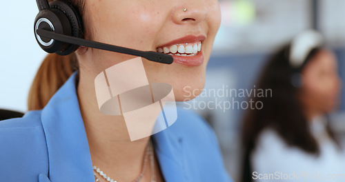 Image of Headset, call center or woman talking, office or online help for consulting. Female agent, consultant or girl with microphone, conversation or advice for customer support, workplace or client service