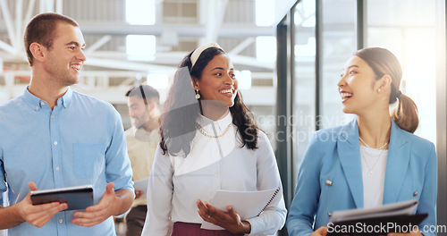 Image of Office, communication and group of business people walking in office. Teamwork, collaboration and man and women with documents and tablet planning strategy, brainstorming ideas or casual conversation