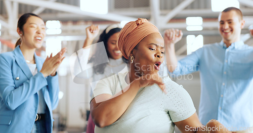 Image of Business team, black woman and dance for success, happy celebration and achievement of goals. Dancing, energy and excited worker, winner and crazy comic workers in office to celebrate with motivation