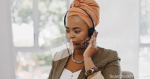 Image of Face, customer service and black woman at call center consulting in office. Telemarketing, customer support or female sales agent, consultant and employee in communication, talking or speaking on mic