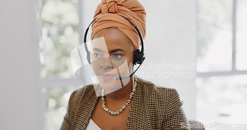 Image of Face, customer service and black woman at call center consulting in office. Telemarketing, customer support or female sales agent, consultant and employee in communication, talking or speaking on mic