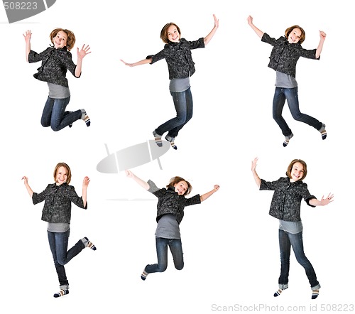 Image of Teenage girl jumping on white background