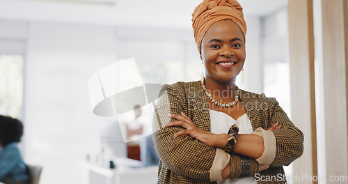 Image of Face, leadership and black woman with arms crossed in office ready for targets or goals. Boss, ceo and happy female entrepreneur from South Africa with vision, mission or success mindset in workplace