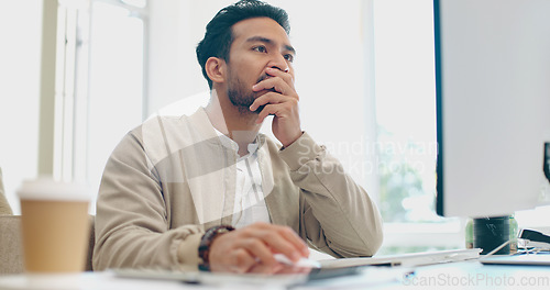 Image of Asian man, face thinking and idea with computer, planning and brainstorming for success in programming. Tech startup worker, executive focus and solution with innovation by desktop pc in workplace