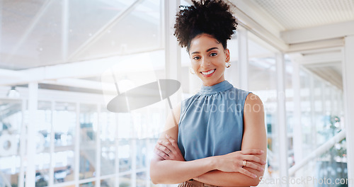 Image of Happy, smile and face of business woman in office for management, leadership and vision. Professional, executive and future with portrait of black woman in startup agency for mindset, career or goal