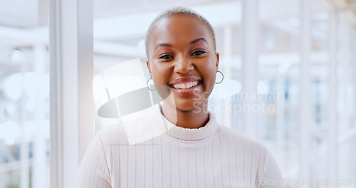 Image of Happy, smile and face of business woman in office for management, leadership and vision. Professional, executive and future with portrait of black woman in startup agency for mindset, career or goal