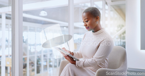 Image of Tablet, and networking business woman in the office browsing on social media on break. Technology, professional and African female employee doing corporate research for a project with a mobile device