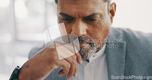 Image of Laptop, digital agency or senior businessman thinking in office for website schedule, data analysis or internet research. Creative, calendar or eco reading email, planning contract or company growth