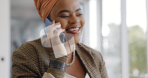 Image of Business, black woman and smartphone for typing, social media and connection in office. Female entrepreneur, African American leader and ceo with phone for conversation, coffee and search internet