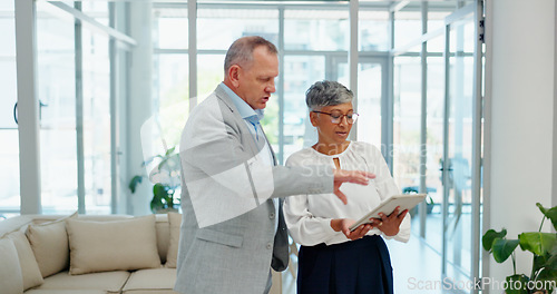 Image of Tablet, ceo and senior manager planning a business appointment schedule on a digital calendar in office building. Mentor, boss and employee talking or speaking of a financial budget, goals or mission