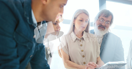 Image of Business, team and woman in meeting, brainstorming and conversation in office. Staff, female leader and teamwork for brand development, digital marketing and collaboration for advertising campaign.