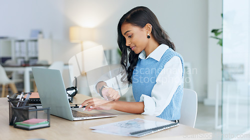 Image of Business woman relaxing after finally finishing a deadline and working on a laptop alone at work. Pleased black female corporate professional done with a project and sending emails