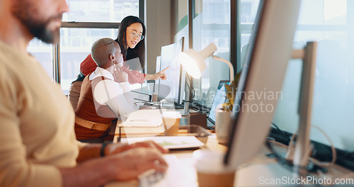 Image of Training, human resources and coaching with a female manager and colleague working together in the office. Teamwork, management and review with a business woman talking to a coworker at work