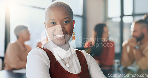 Image of Face, leadership and black woman with arms crossed in meeting for sales, advertising or marketing strategy. Ceo, boss and happy, comic and laughing female entrepreneur with success mindset in office.