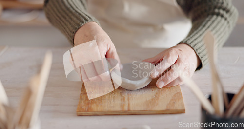 Image of Clay bowl, woman hands and sculpture in artist studio, workshop and small business of creative product, craft and pottery. Ceramic designer, artisan and creation class, mold form and handmade process