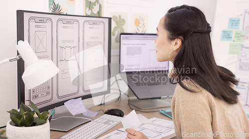 Image of Computer, design and phone with a business woman planning an application development in her office at work. Creative, technology and innovation with a female designer working on app software